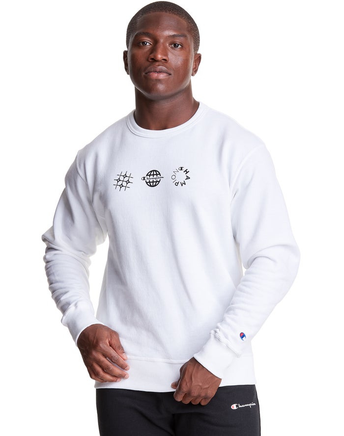 Champion Powerblend Fleece Crew Multi-Logos Sweatshirt Heren - Wit - Belgie 4089ASQYT